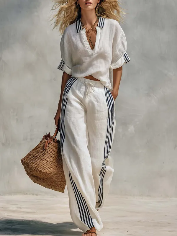 Coastal White Striped Polo Cotton-Linen Top Wide-Leg Pants Set made by Oyrosy