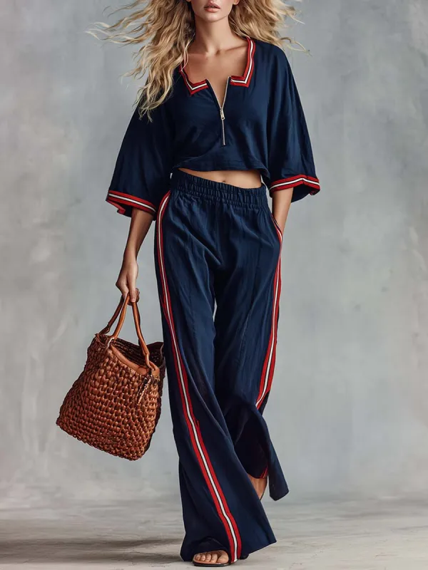 Retro Sporty Dark Blue Cotton Striped Half-Zip Square Neck Top Wide-Leg Pants Set made by Oyrosy