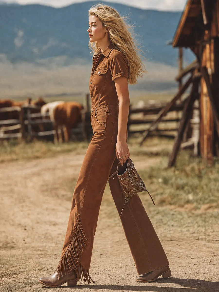 Vintage Lapel-collar Fringe Denim Jumpsuit sold by Oyrosy product image thumbnail 4