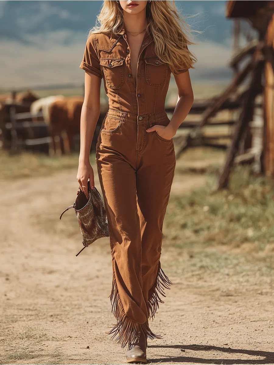 Vintage Lapel-collar Fringe Denim Jumpsuit sold by Oyrosy