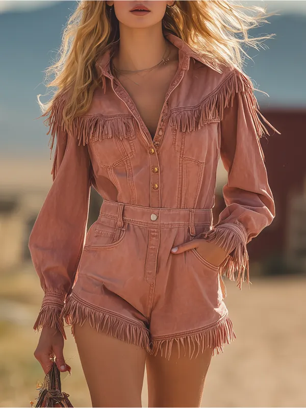 Western Fringe-panel Denim Jumpsuit made by Oyrosy