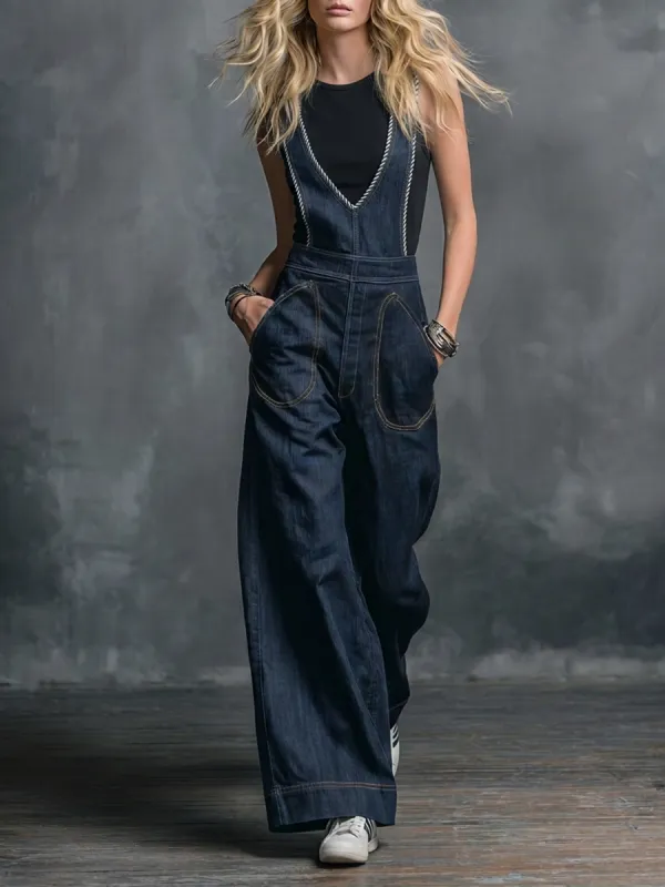 retro deep-v striped wide-strap denim overalls made by Oyrosy