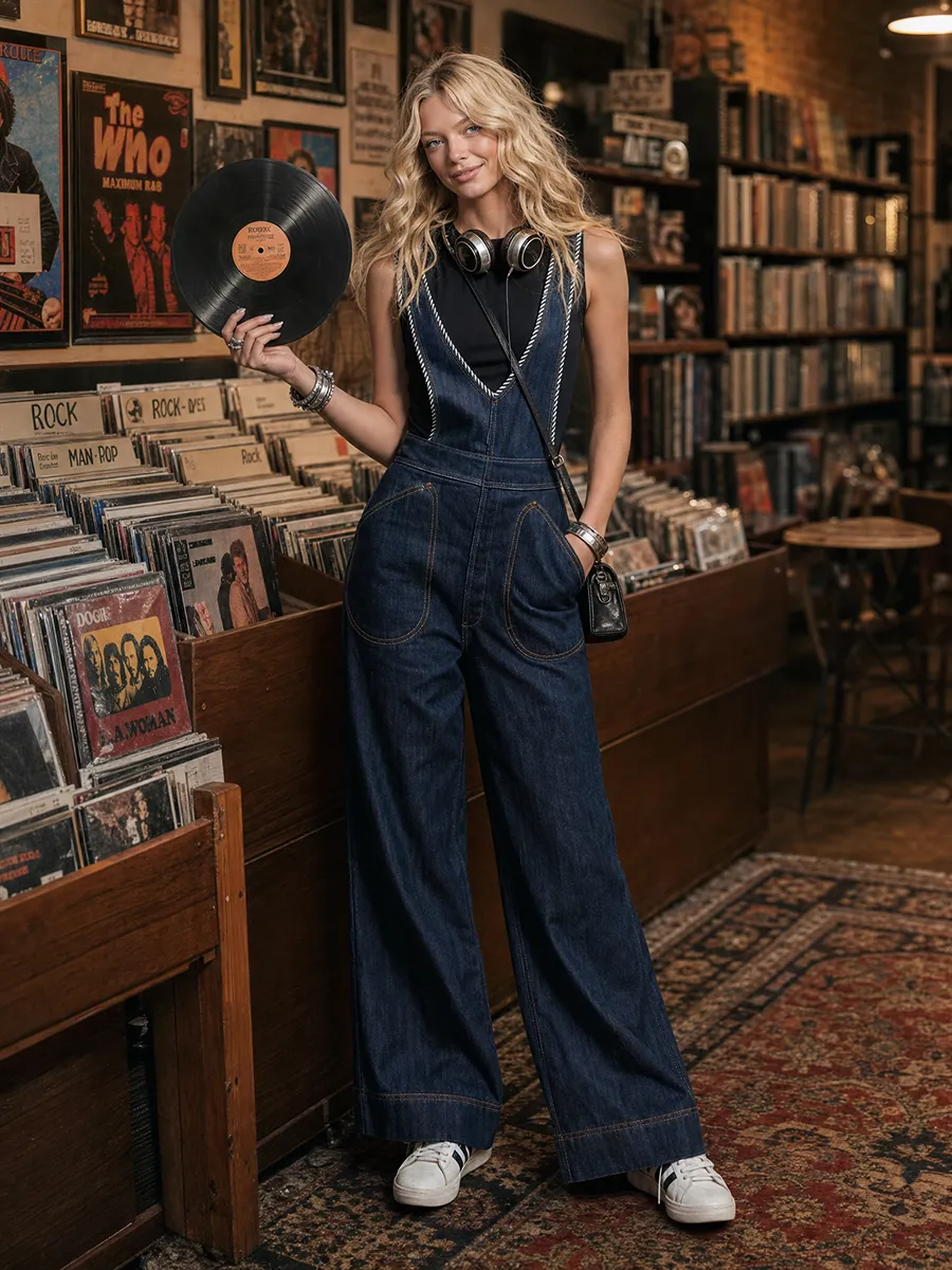 retro deep-v striped wide-strap denim overalls sold by Oyrosy product image thumbnail 4