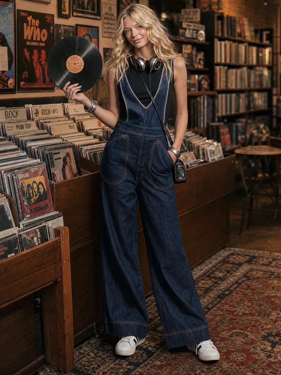 retro deep-v striped wide-strap denim overalls sold by Oyrosy product image thumbnail 3