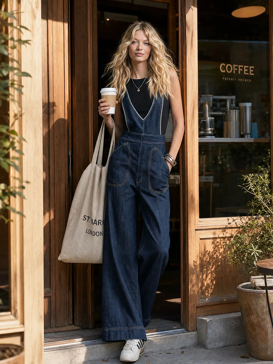 retro deep-v striped wide-strap denim overalls sold by Oyrosy product image thumbnail 2