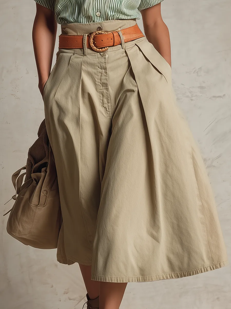 A retro-style casually elegant ensemble a Western-inspired green woven striped shirt paired with a khaki cotton skirt sold by Oyrosy product image thumbnail 4