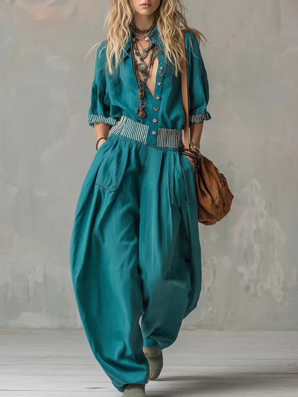 Retro Silhouette Striped Trim Teal Wide-leg Jumpsuit made by Oyrosy