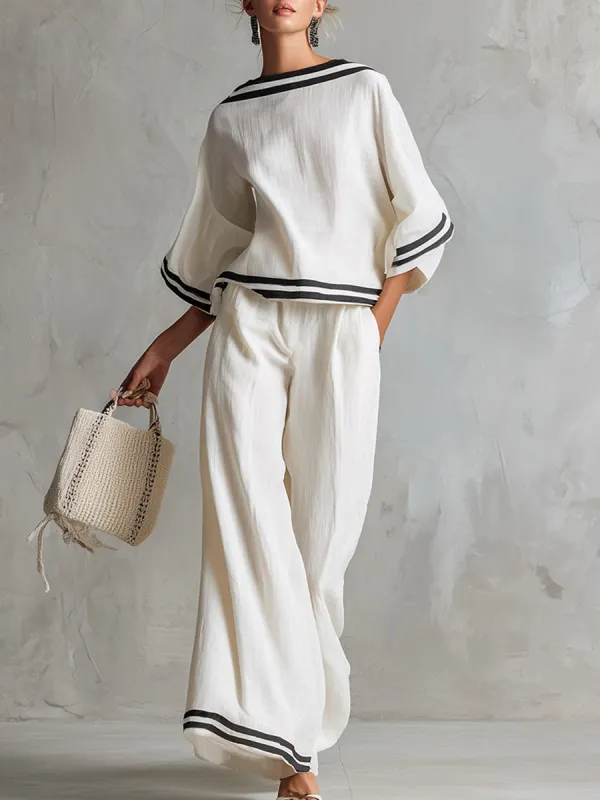 Elegant Minimalist Trim White Cotton-Linen T-Shirt And Wide-Leg Pants Set made by Oyrosy