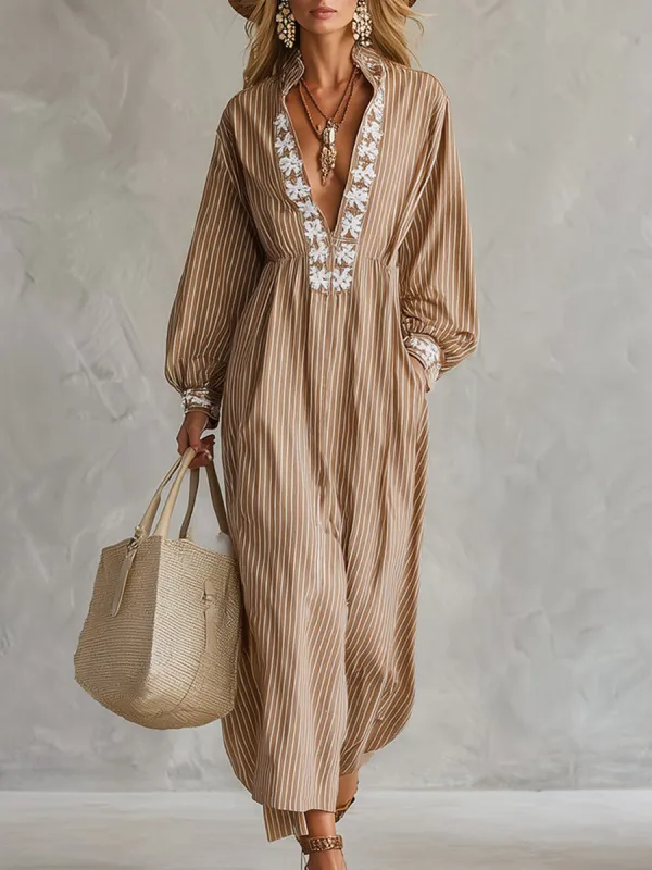 Vintage-style Boho Embroidered Khaki Striped Long-sleeve Maxi Dress made by Oyrosy