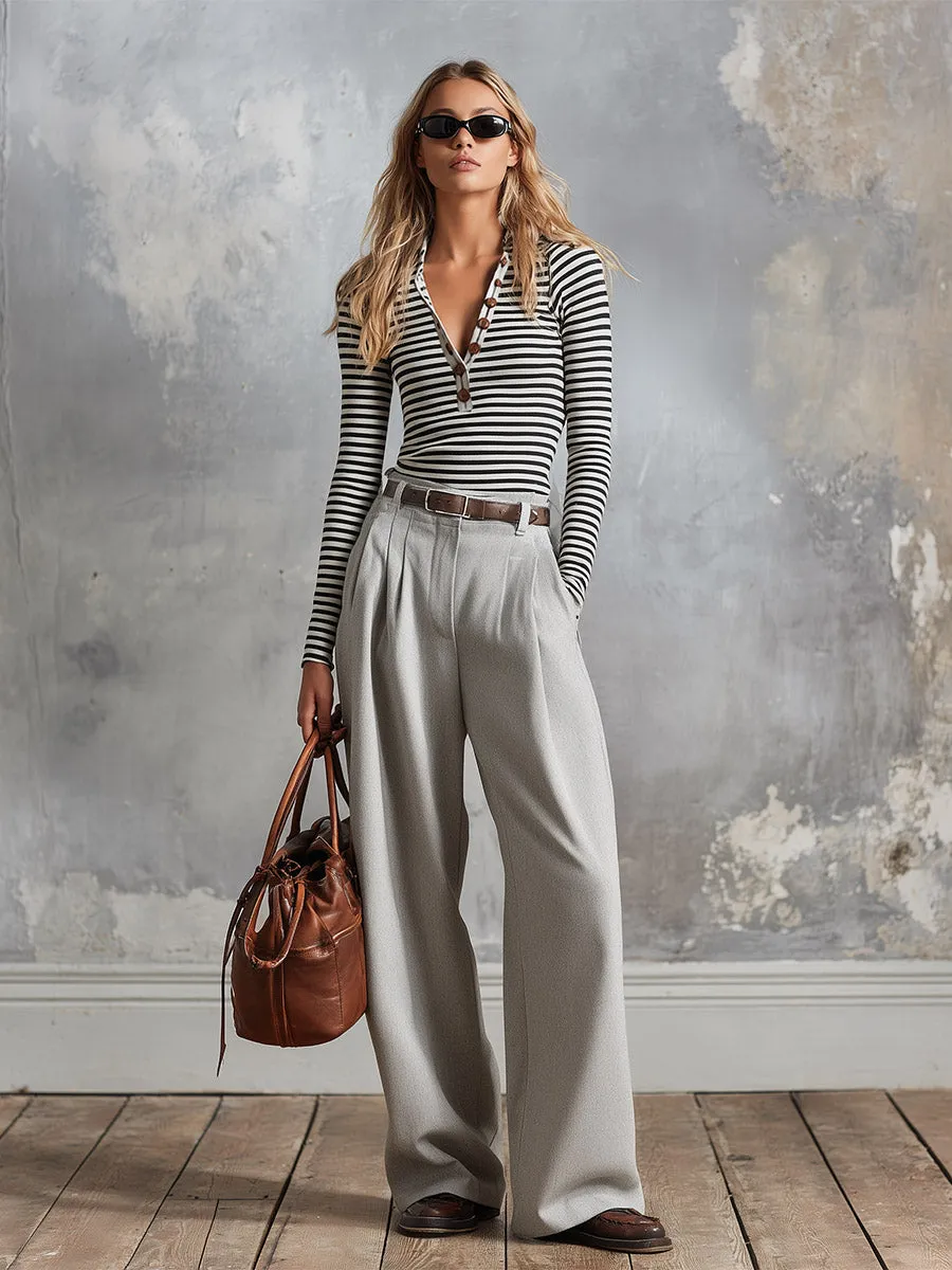 Retro Casual Striped Long-Sleeve T-Shirt & Grey Cotton Wide-Leg Pants Set sold by Oyrosy product image thumbnail 3