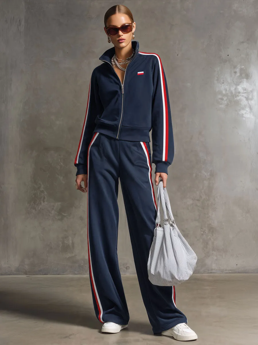 Casual Retro Sporty Embroidered Dark Blue Cotton Zipper Sweatshirt And Wide-Leg Pants Set sold by Oyrosy product image thumbnail 4