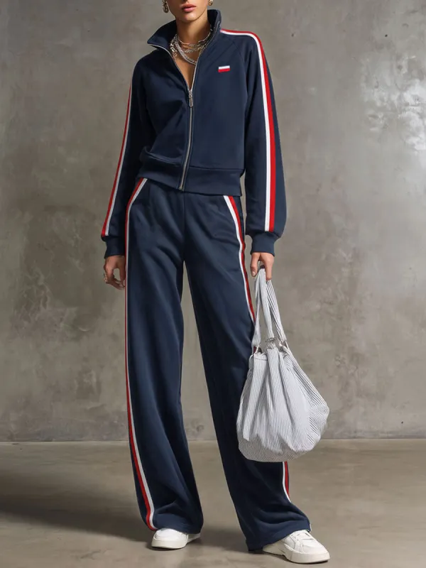 Casual Retro Sporty Embroidered Dark Blue Cotton Zipper Sweatshirt And Wide-Leg Pants Set made by Oyrosy
