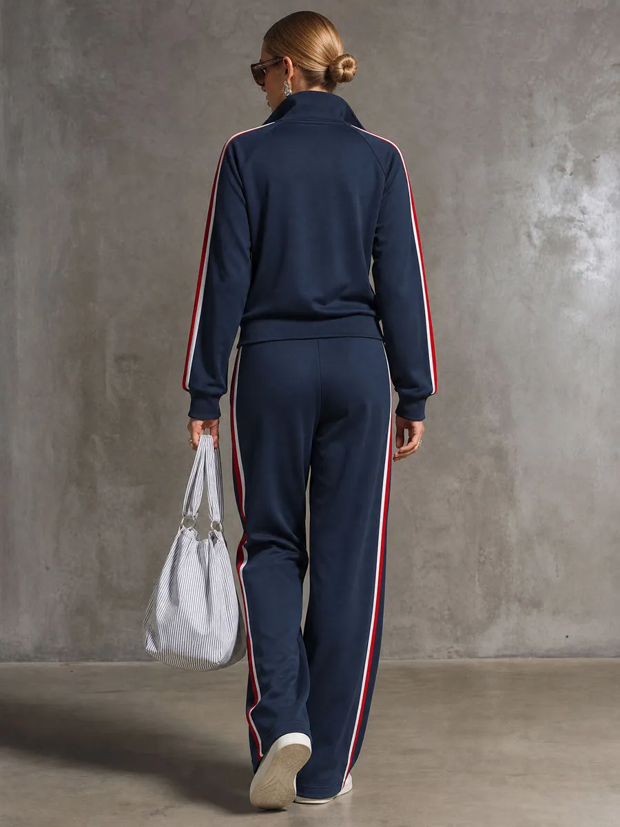 Casual Retro Sporty Embroidered Dark Blue Cotton Zipper Sweatshirt And Wide-Leg Pants Set sold by Oyrosy product image thumbnail 5