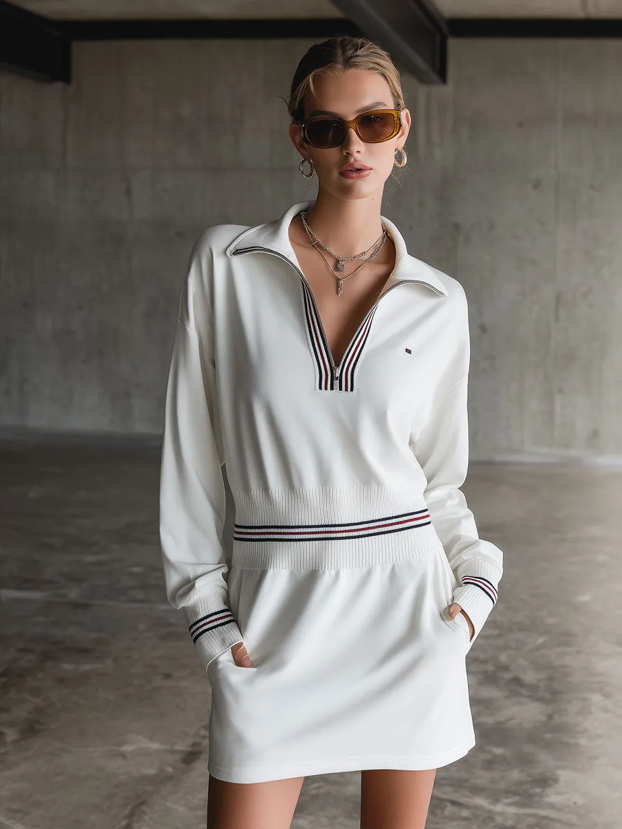 Casual Retro Sporty Embroidered Half-zip White Cotton Long-sleeved Mini Dress sold by Oyrosy product image thumbnail 5