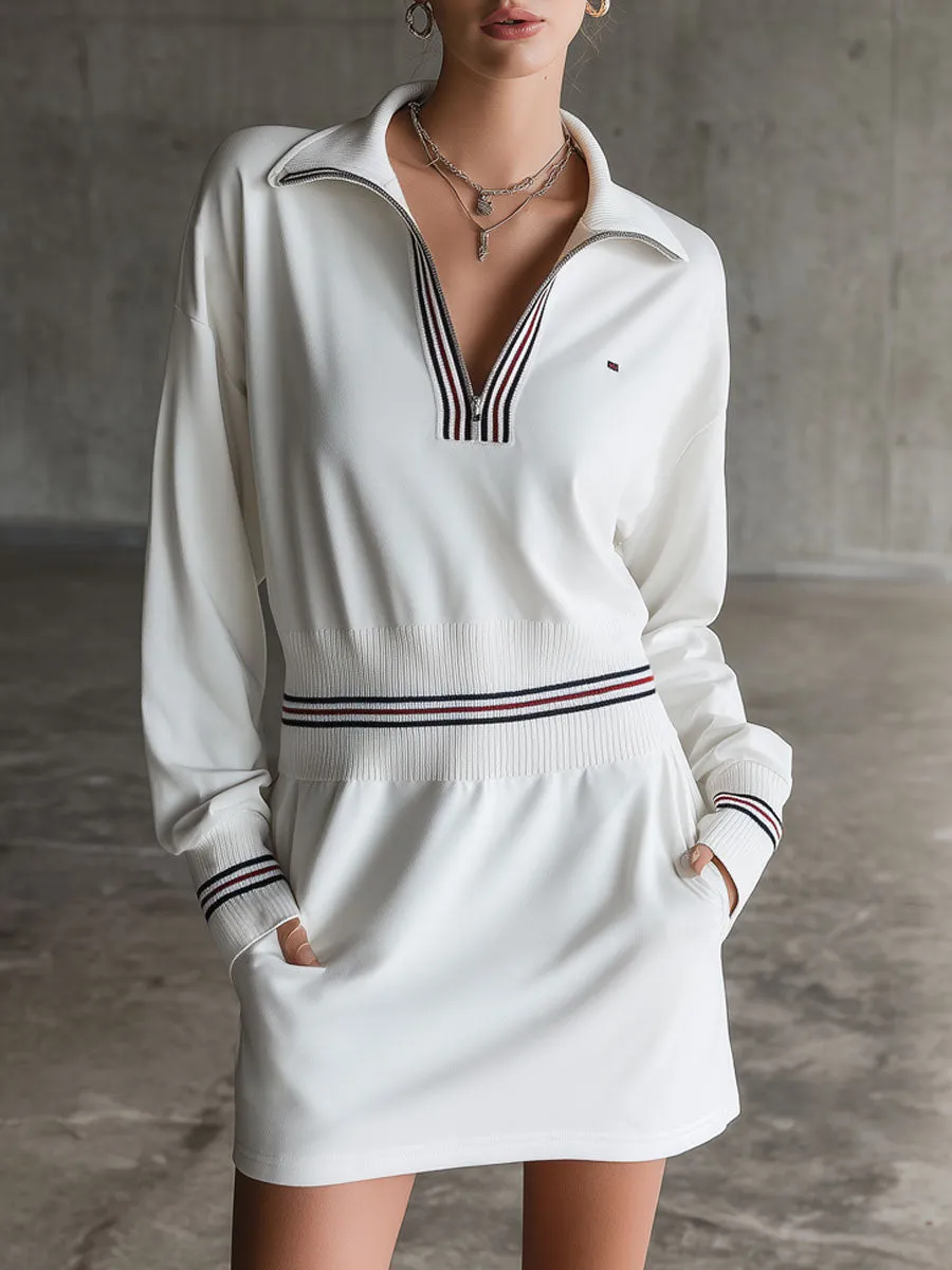 Casual Retro Sporty Embroidered Half-zip White Cotton Long-sleeved Mini Dress sold by Oyrosy