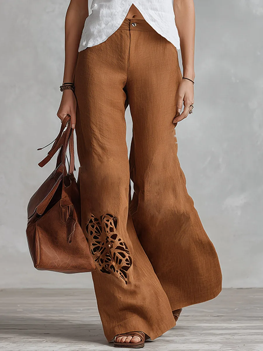 Vintage-style Elegant White T-shirt And Brown Cut-out Wide-leg Trousers Cotton-linen Set sold by Oyrosy product image thumbnail 5