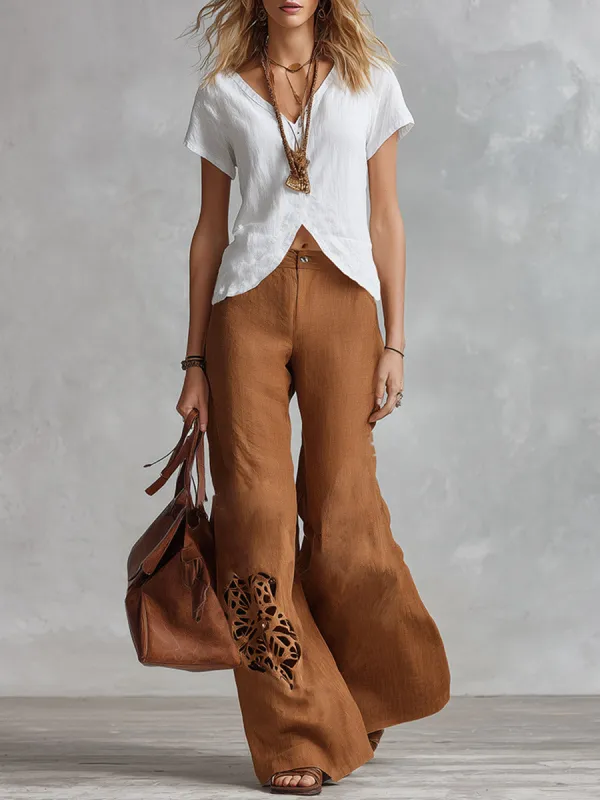 Vintage-style Elegant White T-shirt And Brown Cut-out Wide-leg Trousers Cotton-linen Set made by Oyrosy