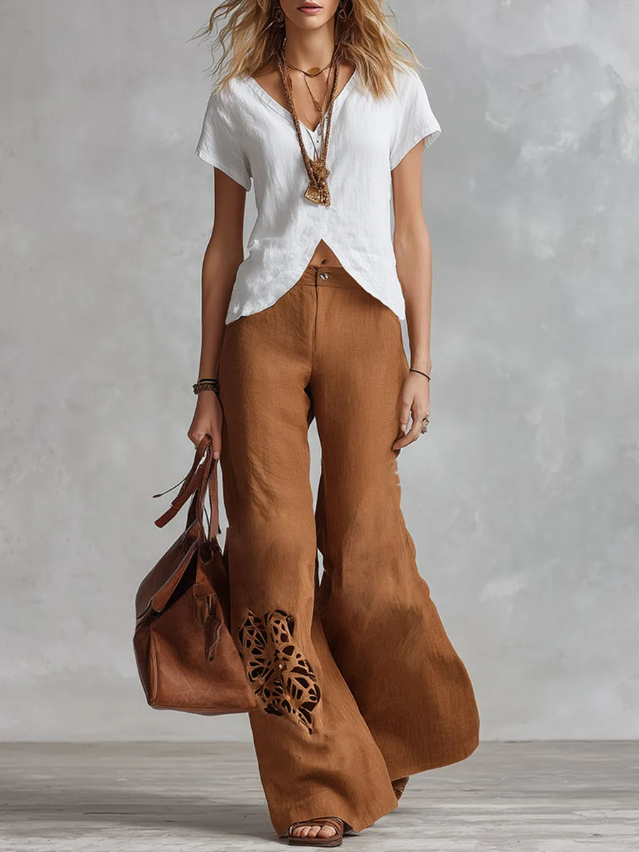 Vintage-style Elegant White T-shirt And Brown Cut-out Wide-leg Trousers Cotton-linen Set sold by Oyrosy