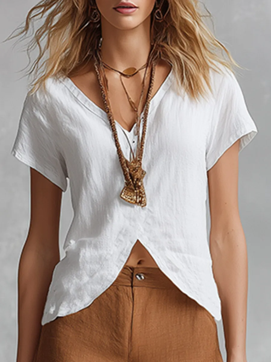 Vintage-style Elegant White T-shirt And Brown Cut-out Wide-leg Trousers Cotton-linen Set sold by Oyrosy product image thumbnail 4