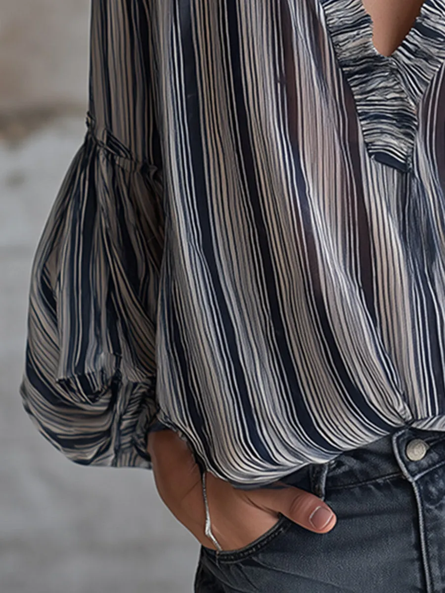 Elegant Vintage V-Neck Ruffled Blue Striped Chiffon Shirt sold by Oyrosy product image thumbnail 4