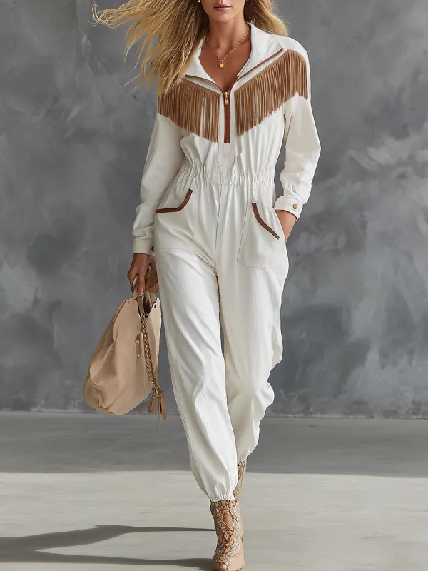 Retro Western Suede Fringe Half-zip Jogger Workwear Jumpsuit made by Oyrosy
