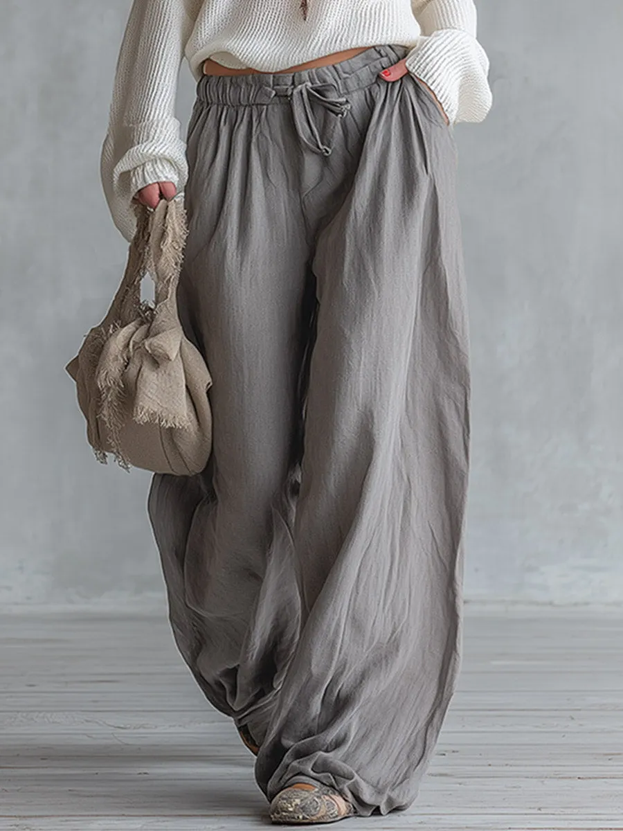 Urban Minimalism White Knitted One-shoulder Top And Grey Cotton-linen Wide-leg Trousers Set sold by Oyrosy product image thumbnail 5