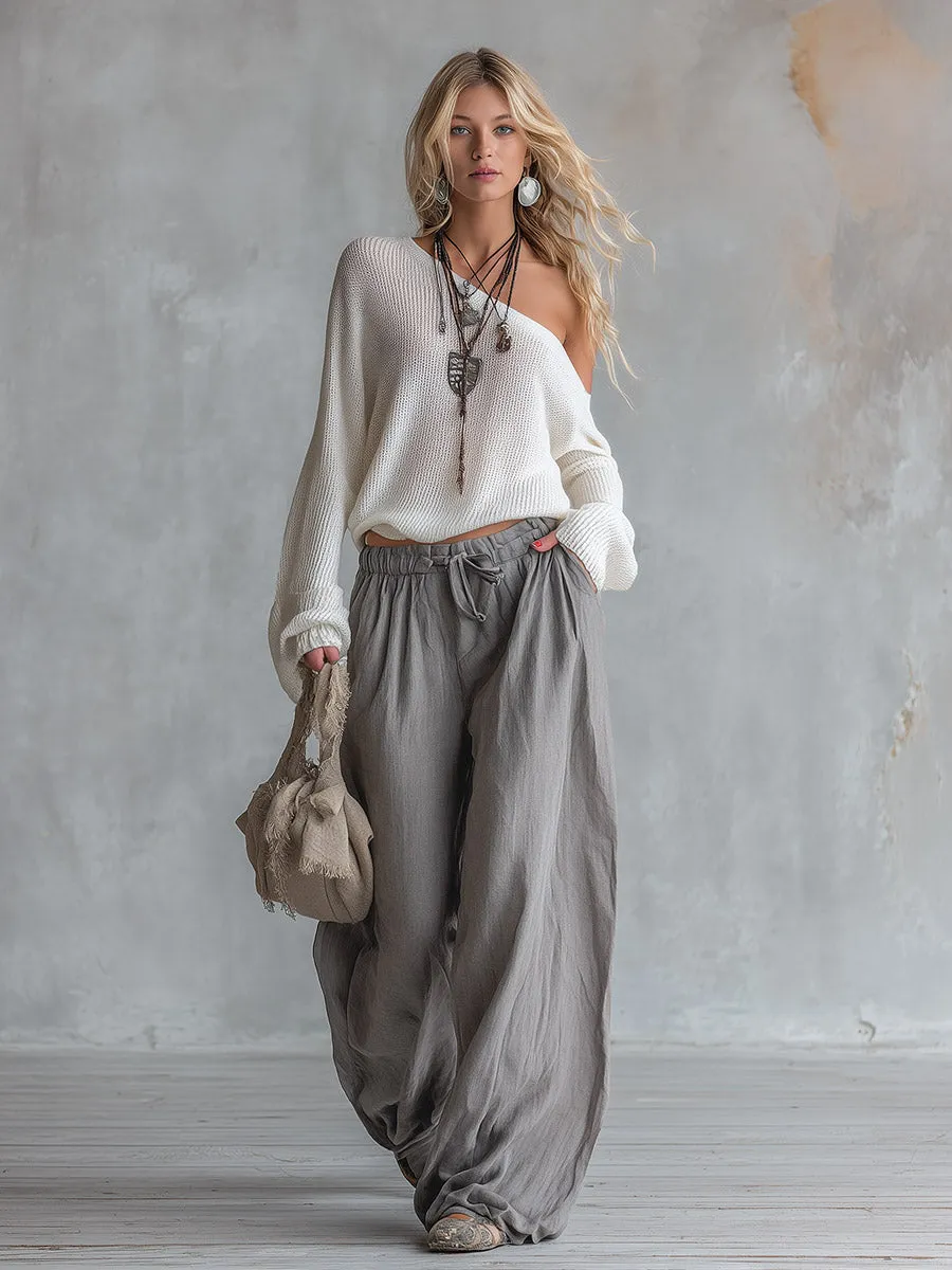 Urban Minimalism White Knitted One-shoulder Top And Grey Cotton-linen Wide-leg Trousers Set sold by Oyrosy product image thumbnail 3