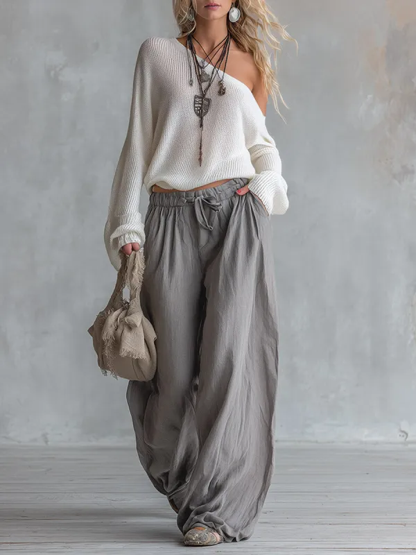 Urban Minimalism White Knitted One-shoulder Top And Grey Cotton-linen Wide-leg Trousers Set made by Oyrosy