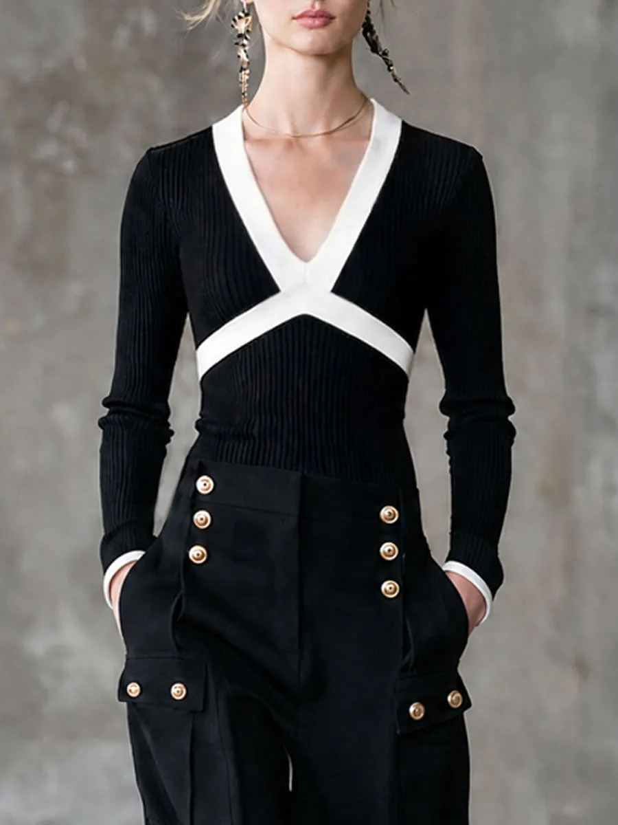 Fashionable Retro Black And White Knitted Long-sleeved Top And Multi-pocket Pants Set sold by Oyrosy product image thumbnail 3