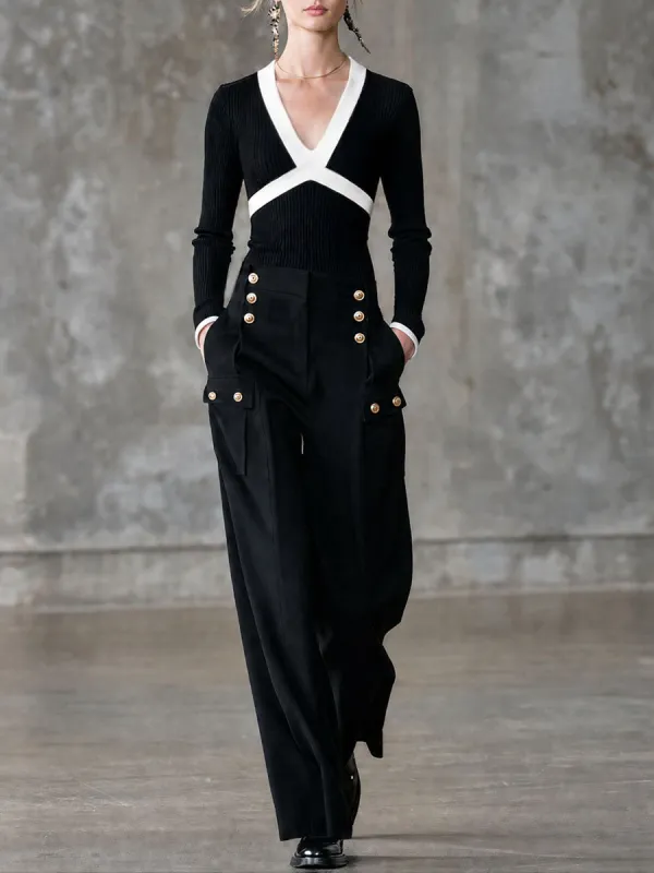 Fashionable Retro Black And White Knitted Long-sleeved Top And Multi-pocket Pants Set made by Oyrosy