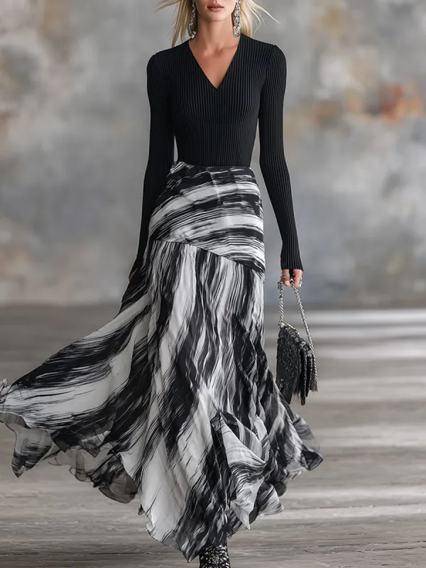 Elegant Party Black Knit Top and Abstract-Stripe Chiffon Skirt Set made by Oyrosy