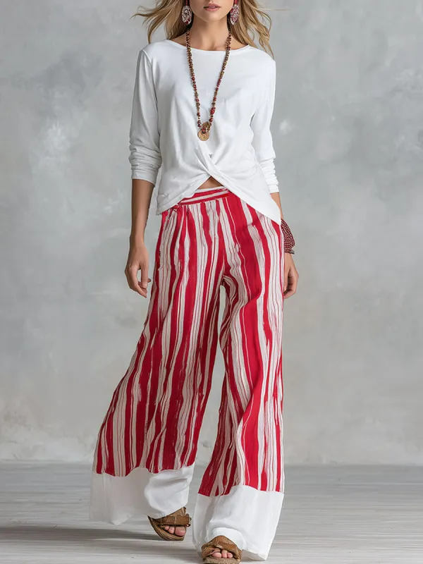 Casual Everyday White Top and Red Striped Wide-Leg Pants Cotton Set made by Oyrosy