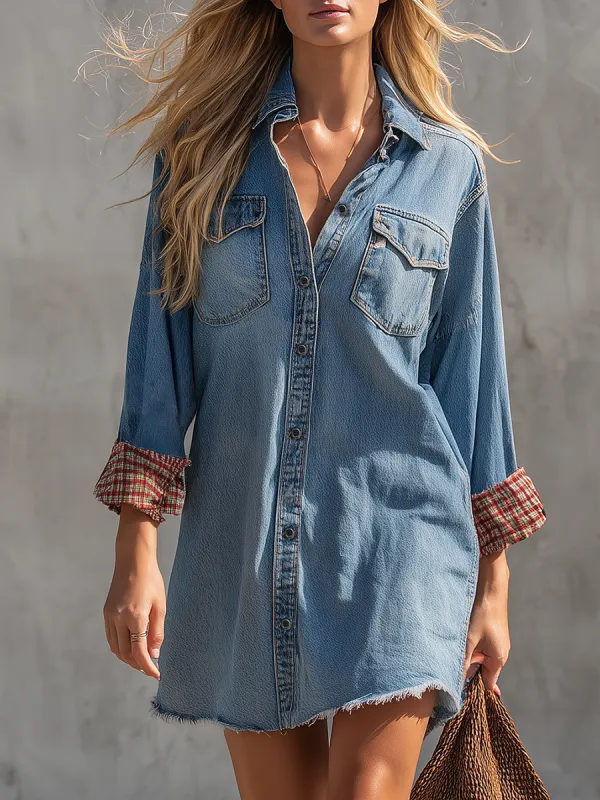 American-style Lapel Plaid Cuffed Big-pocket Distressed Denim Dress made by Oyrosy