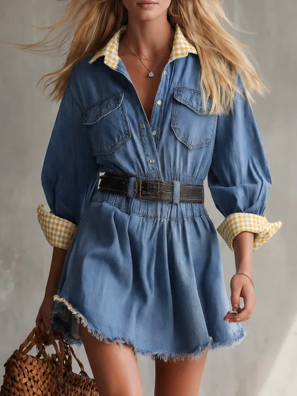Retro Medium-blue Plaid-paneled Puff-sleeve Lace-up Denim Dress made by Oyrosy