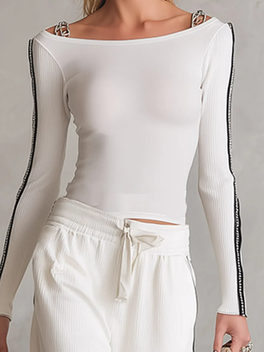 Casual Everyday White Top With Metallic Straps & Wide-Leg Trousers Knit Set sold by Oyrosy product image thumbnail 4
