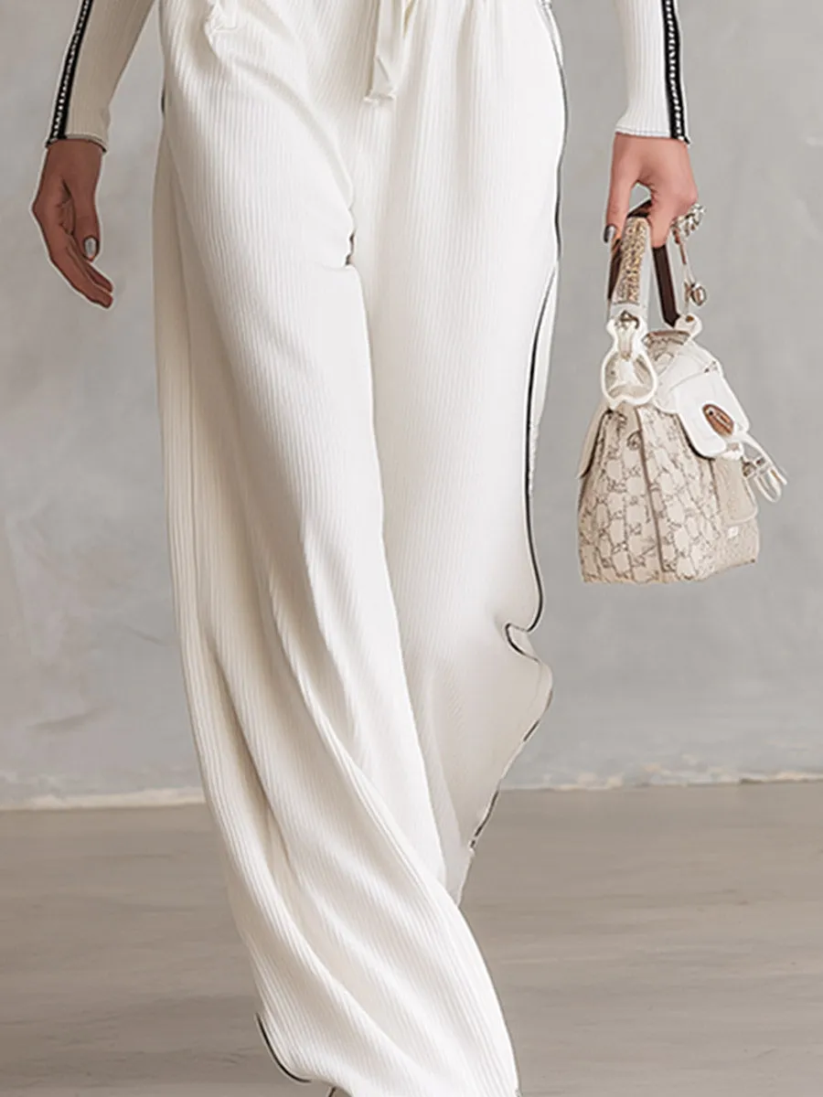 Casual Everyday White Top With Metallic Straps & Wide-Leg Trousers Knit Set sold by Oyrosy product image thumbnail 5