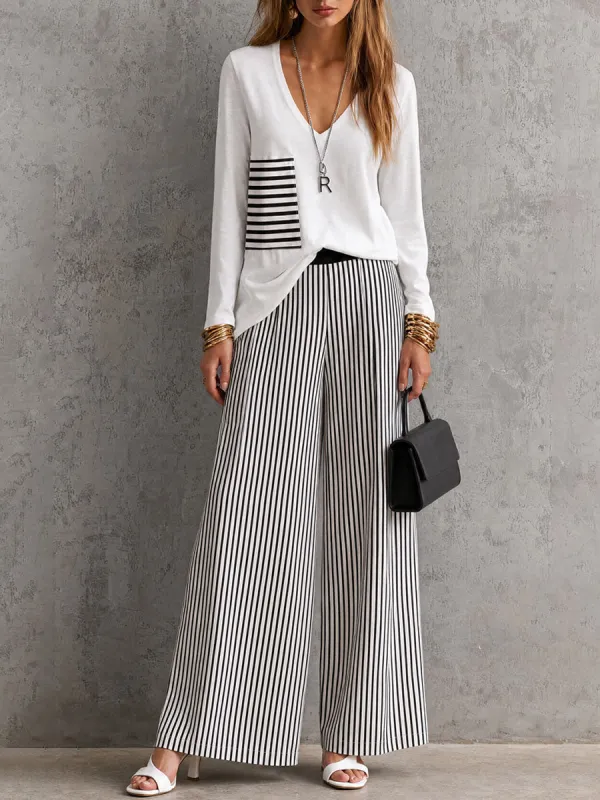 Casual Retro White Cotton T-shirt And Striped Pants Set made by Oyrosy