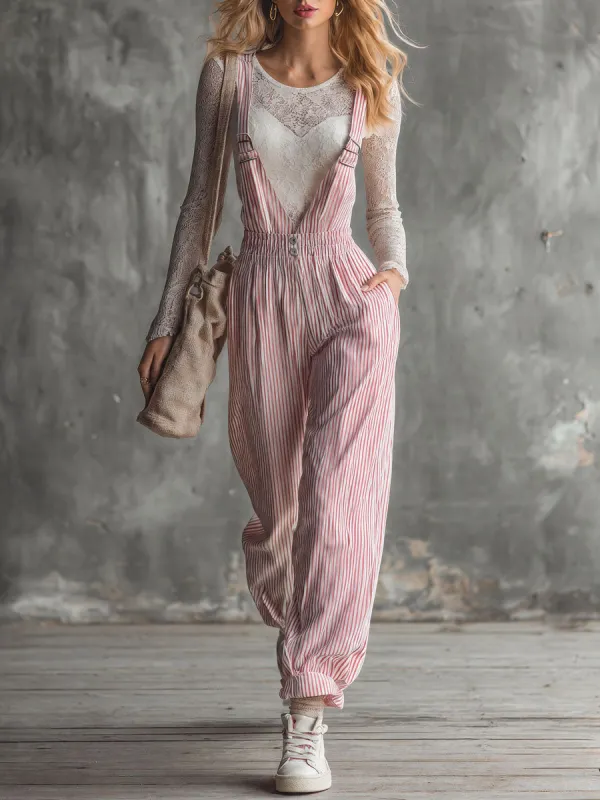 Casual Retro Red And White Striped Cotton Overalls made by Oyrosy
