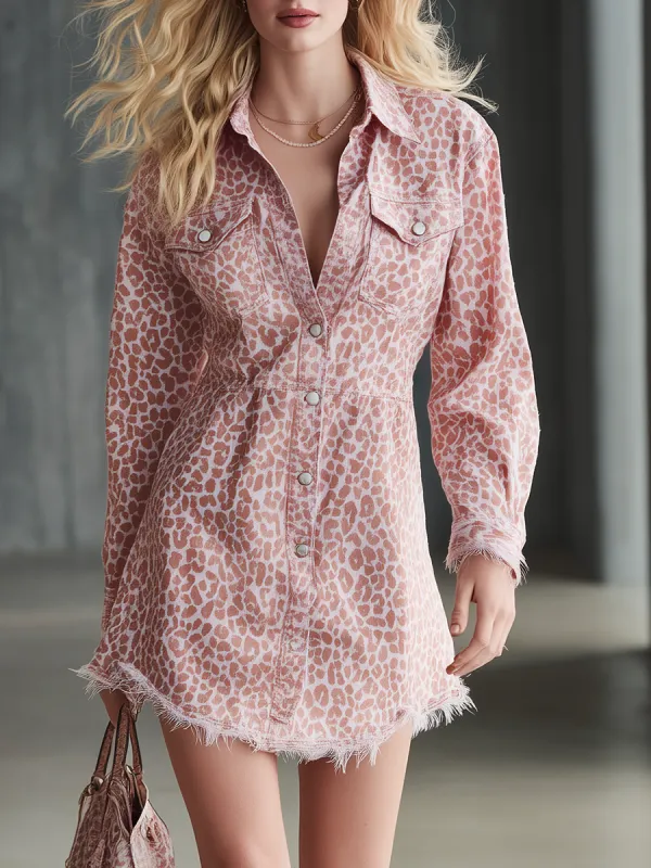 American Western Single-breasted Raw-edge Leopard-print Denim Dress made by Oyrosy