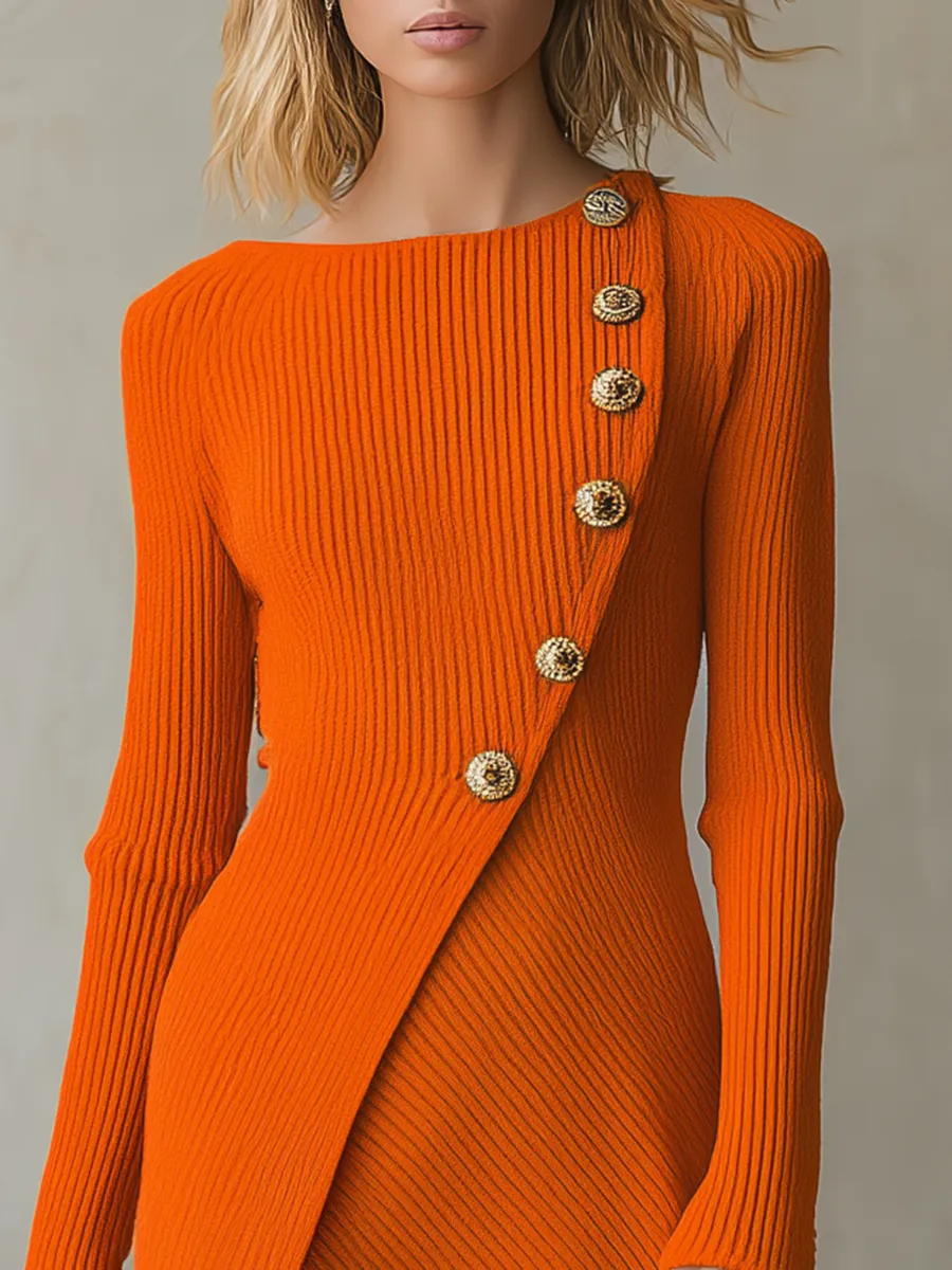 Retro-casual Elegant Western-style Orange Long-sleeve Knit Dress sold by Oyrosy product image thumbnail 4