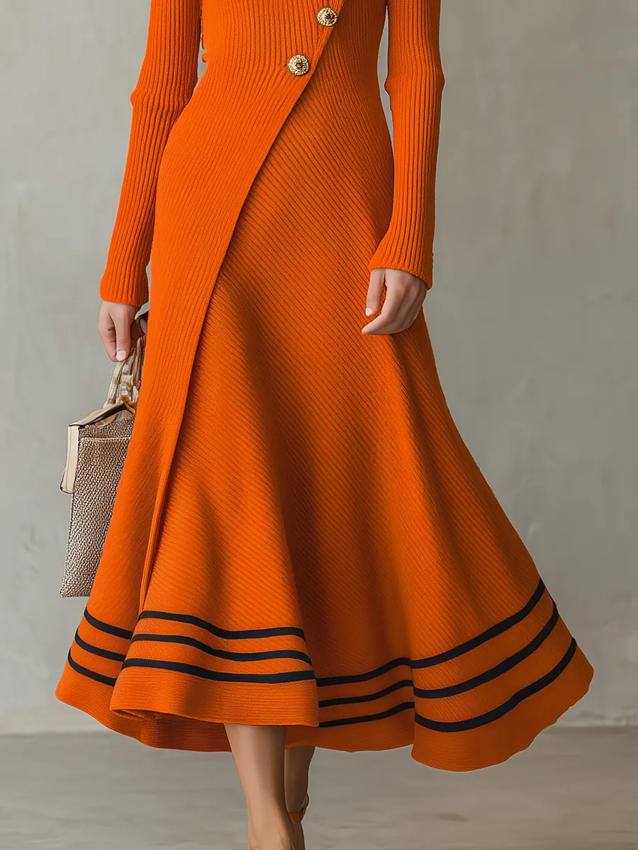 Retro-casual Elegant Western-style Orange Long-sleeve Knit Dress sold by Oyrosy product image thumbnail 5