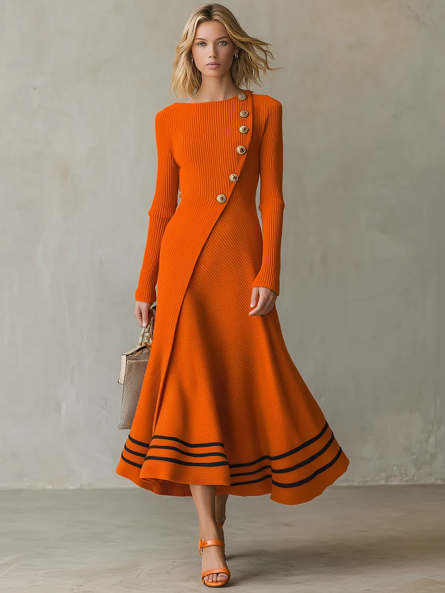 Retro-casual Elegant Western-style Orange Long-sleeve Knit Dress sold by Oyrosy product image thumbnail 3