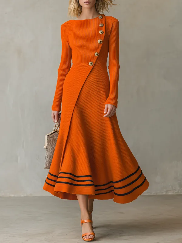 Retro-casual Elegant Western-style Orange Long-sleeve Knit Dress made by Oyrosy