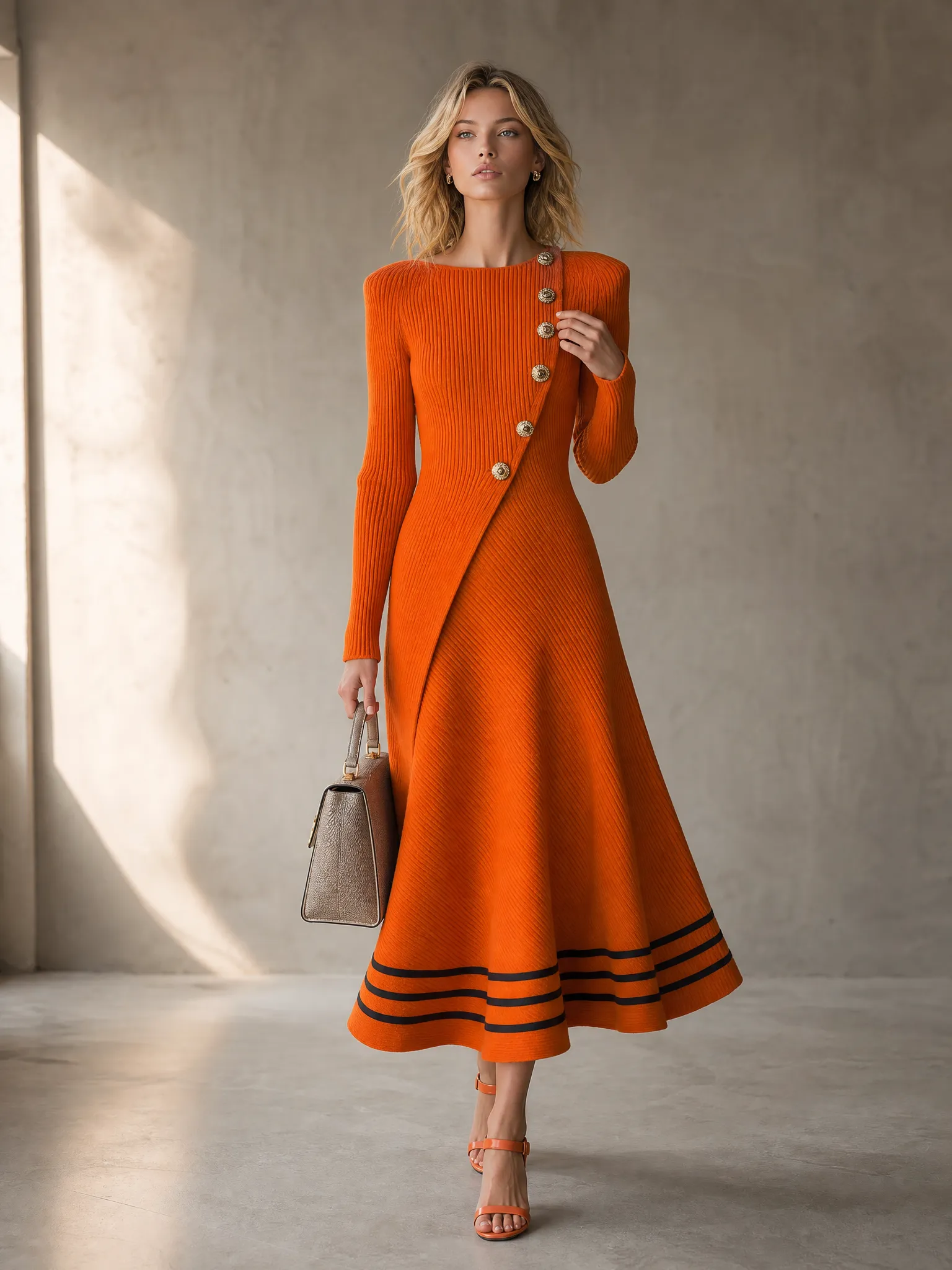 Retro-casual Elegant Western-style Orange Long-sleeve Knit Dress sold by Oyrosy product image thumbnail 2