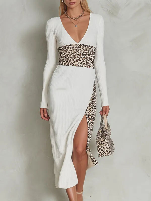 Elegant Urban Deep-V Leopard Patchwork White Knit Midi Dress made by Oyrosy