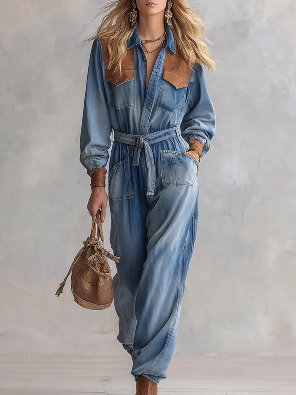 Vintage-style Western Faux-suede Patchwork Blue-wash Denim Jumpsuit made by Oyrosy
