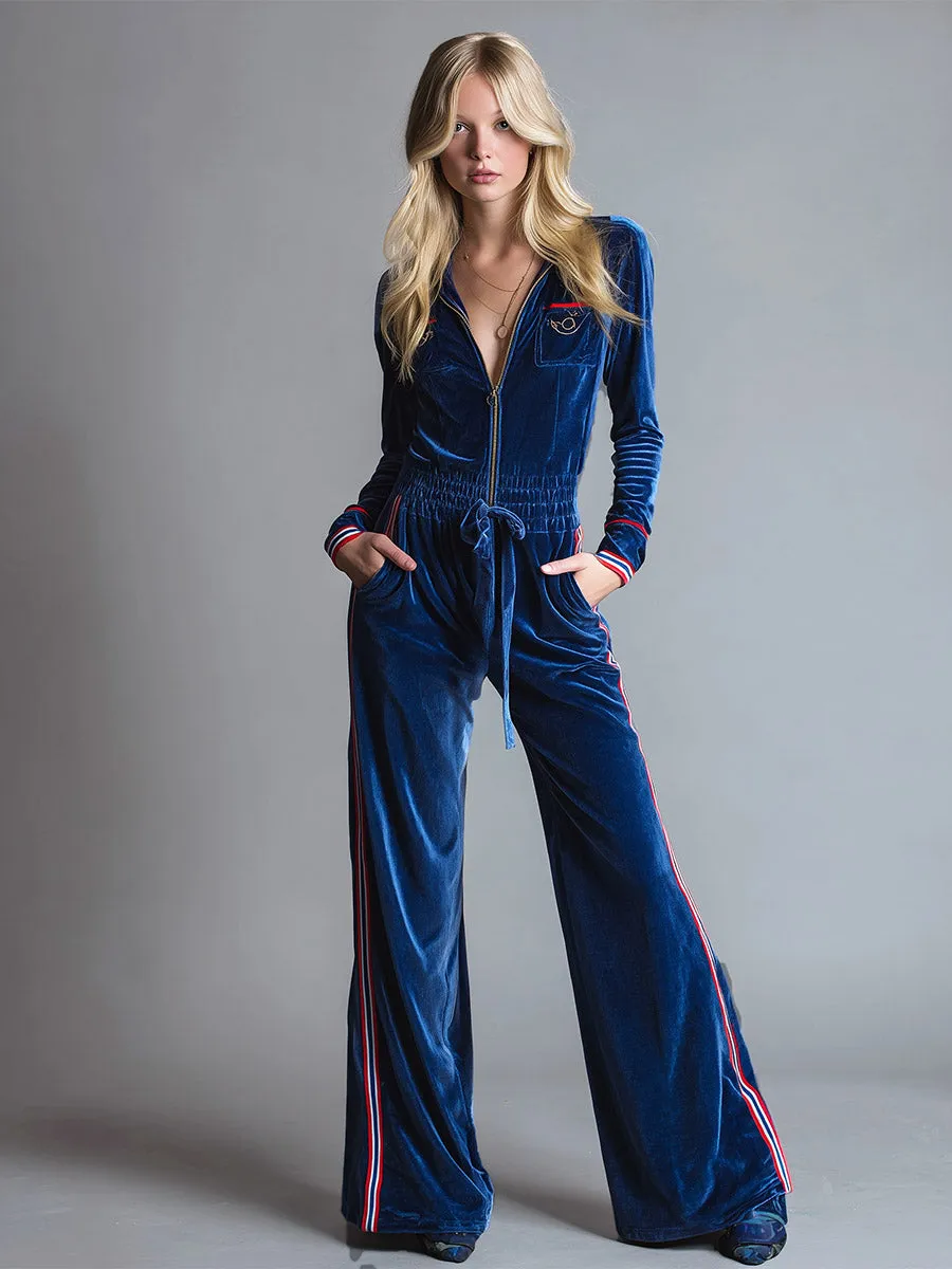 Retro Casual Sport-Trim Blue Velvet Wide-Leg Jumpsuit sold by Oyrosy product image thumbnail 3