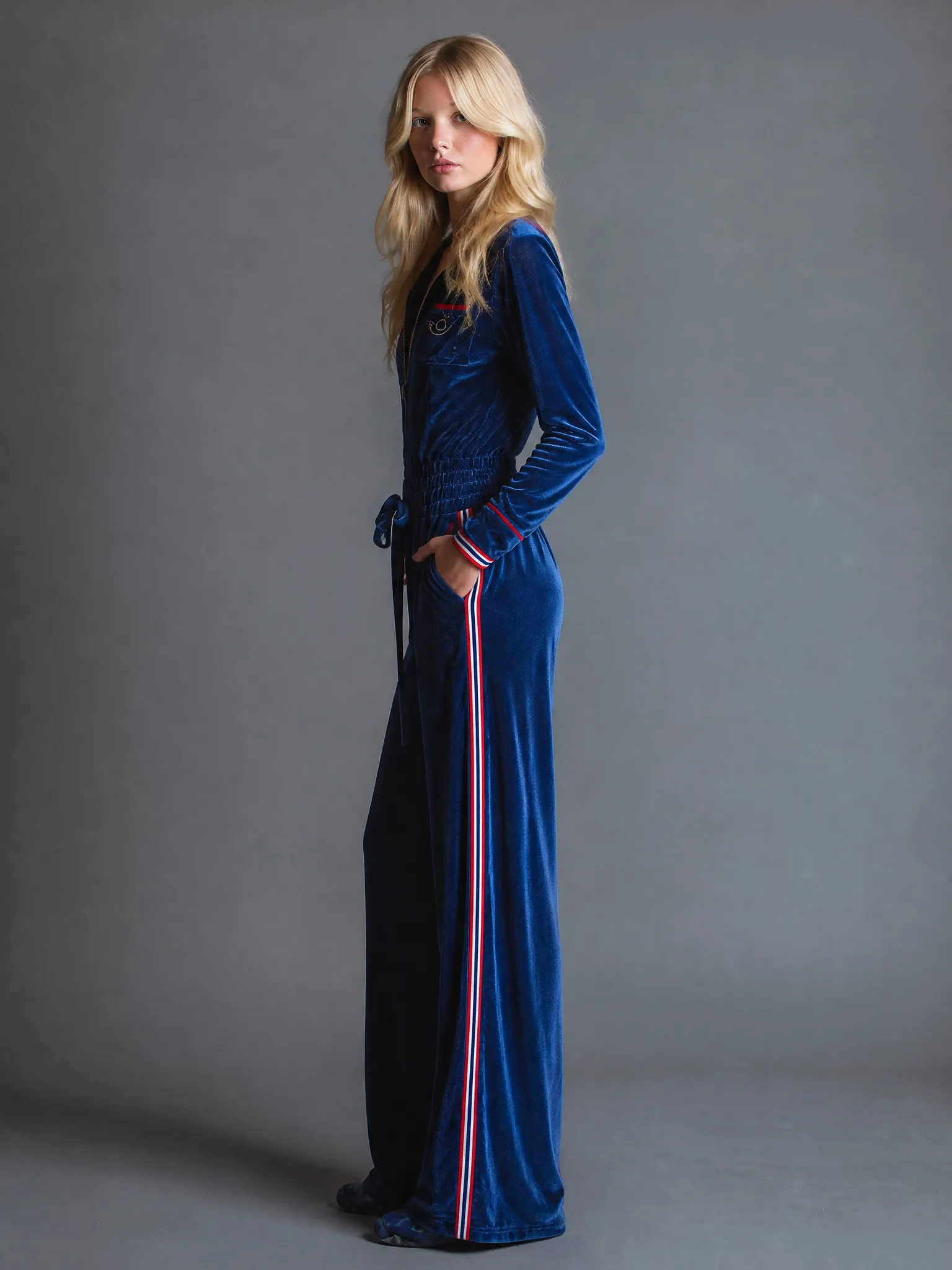 Retro Casual Sport-Trim Blue Velvet Wide-Leg Jumpsuit sold by Oyrosy product image thumbnail 5