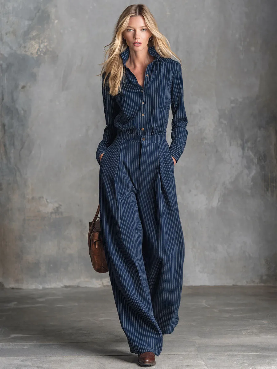Stylish Retro Blue Striped Cotton Shirt And Trousers Set sold by Oyrosy product image thumbnail 4