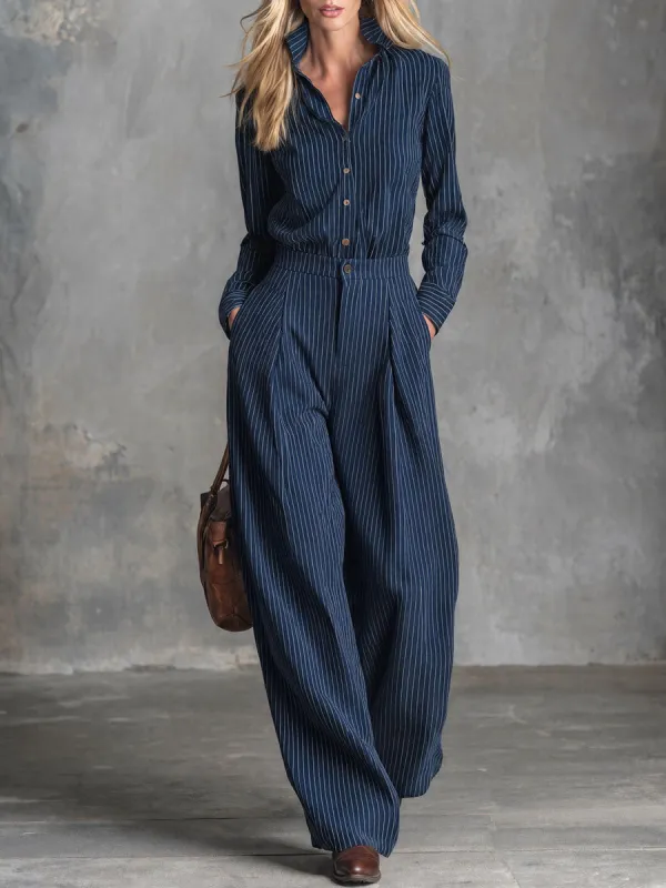 Stylish Retro Blue Striped Cotton Shirt And Trousers Set made by Oyrosy